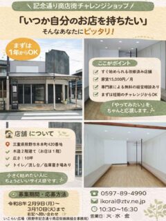 記念通りのチャレンジショップで出店者を募集してるよ